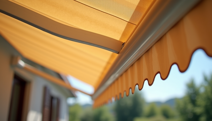 Close-up view of retractable awning fabric and mechanism