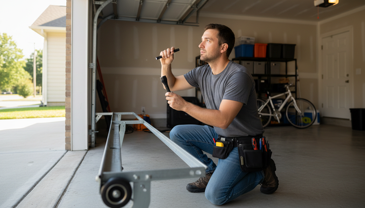 Eye-level view of a technician inspecting garage door tracks in a residential garage.