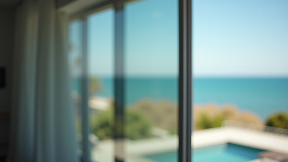Close-up view of impact window glass with coastal home reflection