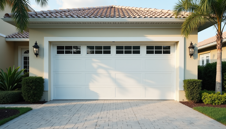 Eye-level view of a newly installed hurricane-resistant garage door in a residential home in Destin