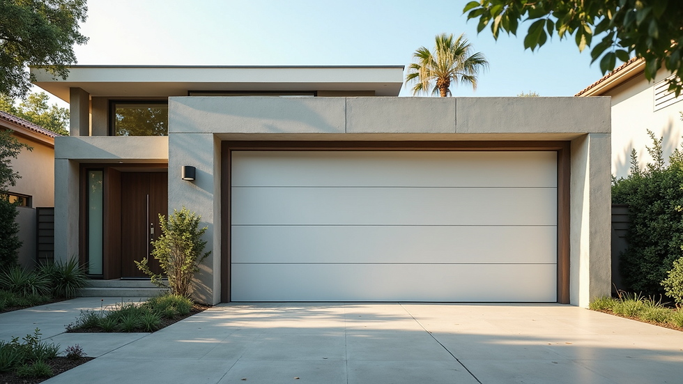 Eye-level view of a modern garage door with a coastal home in the background