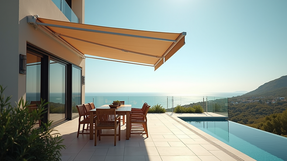 Eye-level view of a modern retractable awning shading a coastal patio