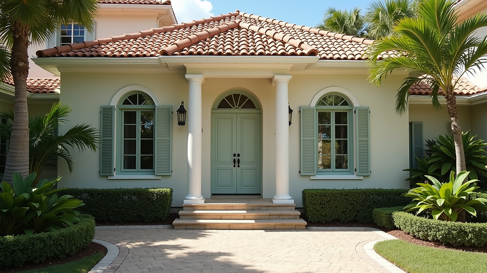Eye-level view of a home with hurricane protection shutters