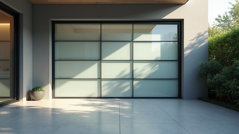Eye-level view of a modern glass garage door with aluminum frame
