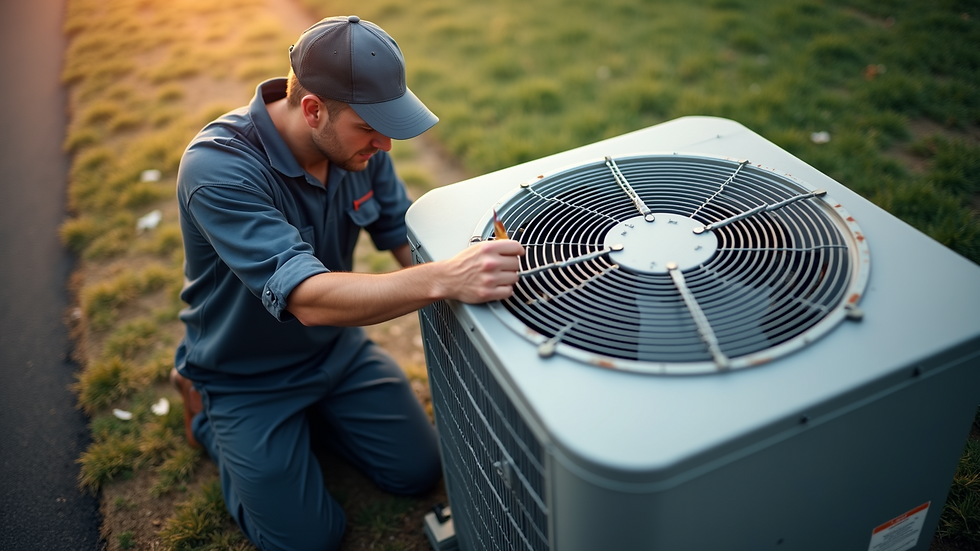 High angle view of a technician performing maintenance on an outdoor AC unit