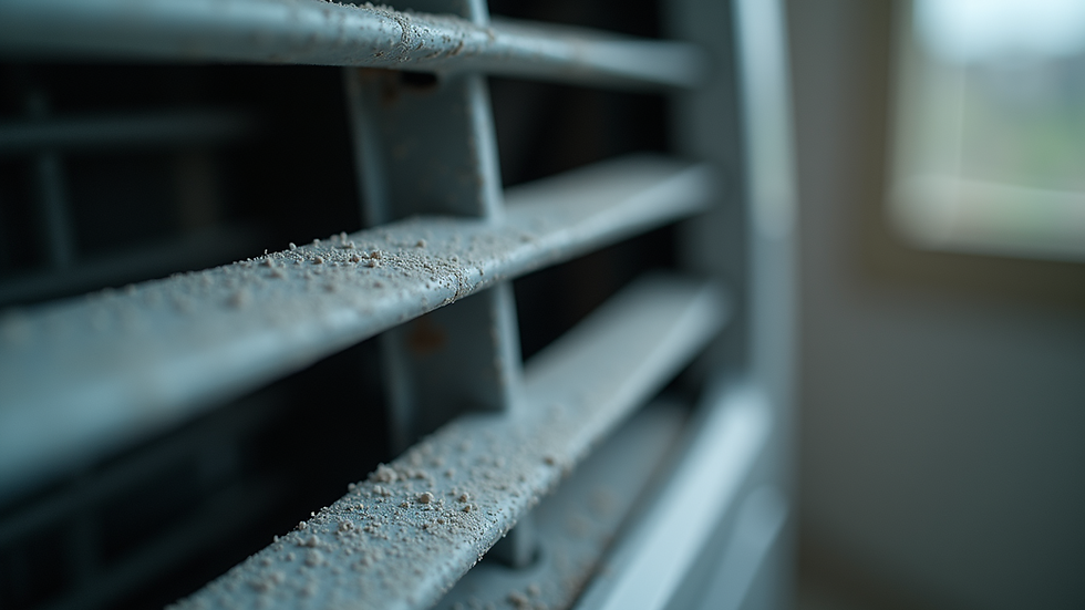 Close-up view of an air conditioning unit with dust accumulation