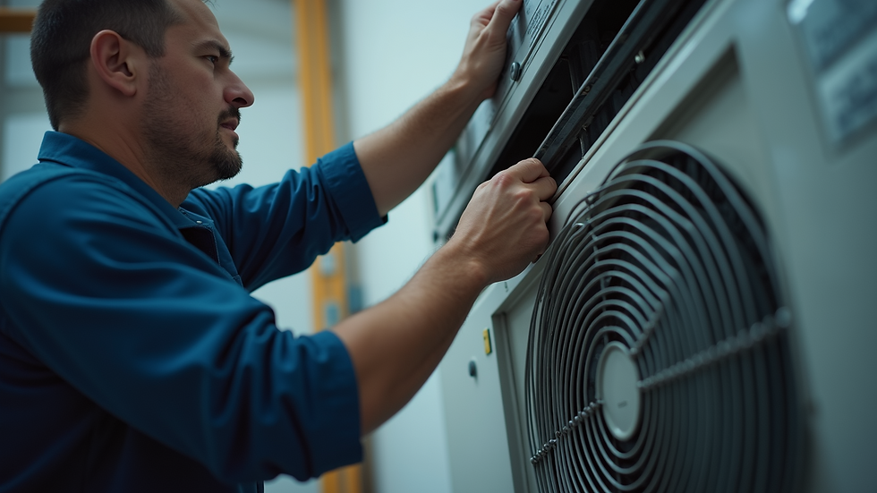 Eye-level view of a technician inspecting an air conditioning unit
