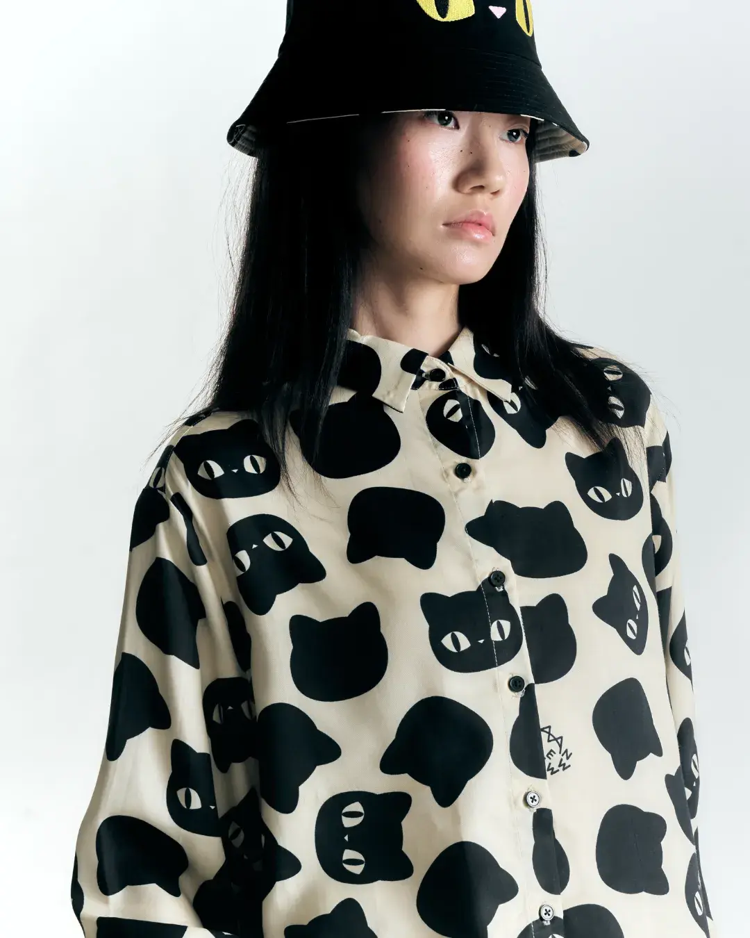 Polka Cat Shirt - Black&Beige