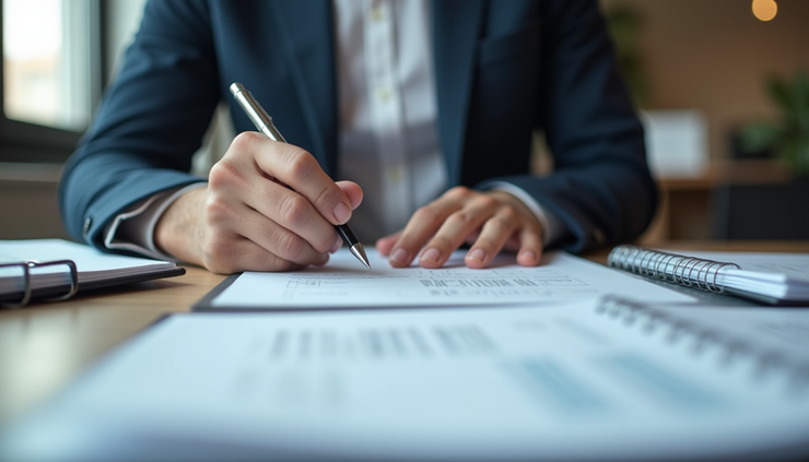 Close-up view of a manager reviewing documents and taking notes