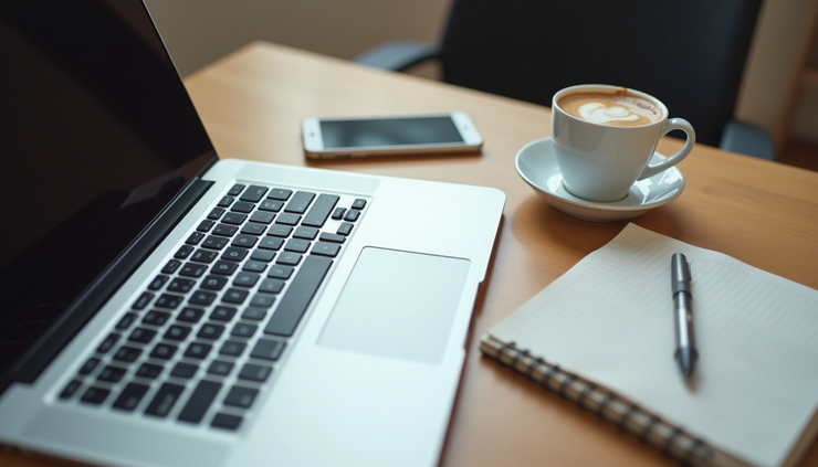 High angle view of a workspace with a laptop, coffee cup, and notes