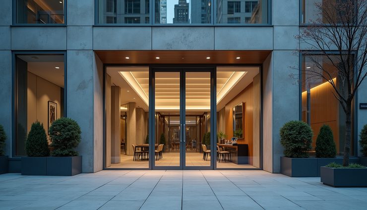 Eye-level view of a modern office building entrance with clear signage
