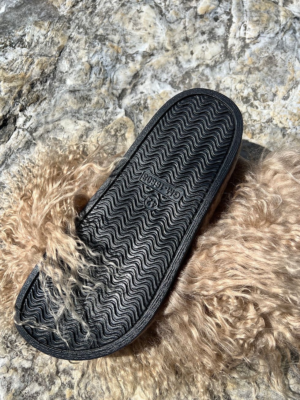 Thumbnail: INOLI BRAND MONGOLIAN FUR SLIDES IN LIONESS TAN