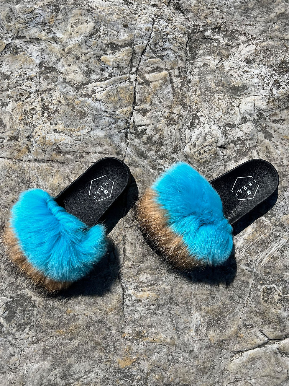 Thumbnail: INOLI BRAND TURQ & TAN FUR SLIDES