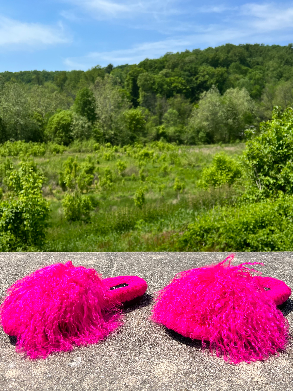 Thumbnail: INOLI BRAND LIONESS MONGOLIAN FUR SLIDES IN MIAMI PINK