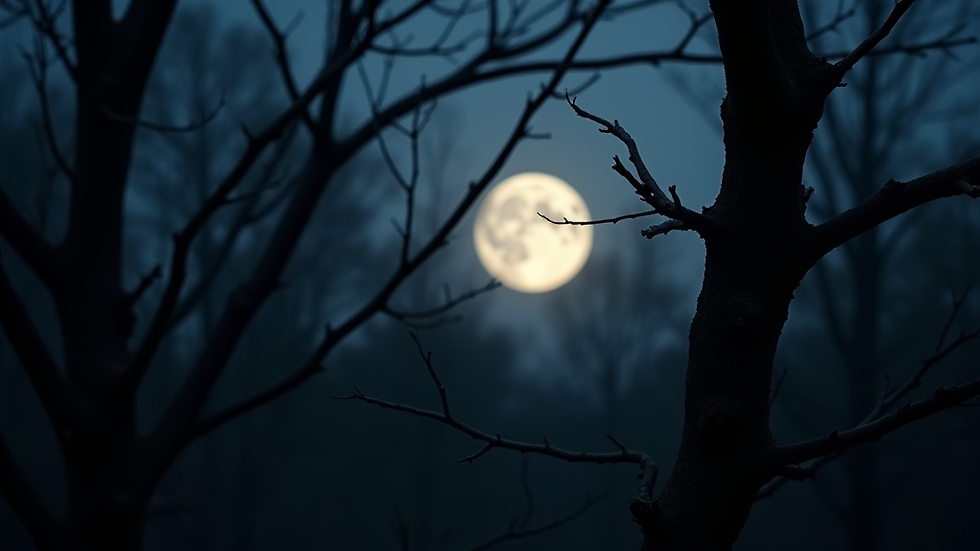 Full moon glowing through silhouetted tree branches at night.