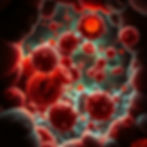 Red and orange virus-like particles float in a dark cellular environment, featuring glowing centers and intricate, textured surfaces.