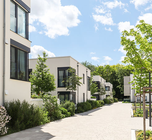 Residential area with ecological and sustainable green residential buildings, low-energy h