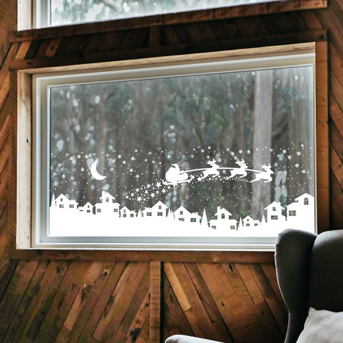 Window Sticker Snow Christmas Santa Sleigh with Reindeer Village Snow Scene Window Sticker ...