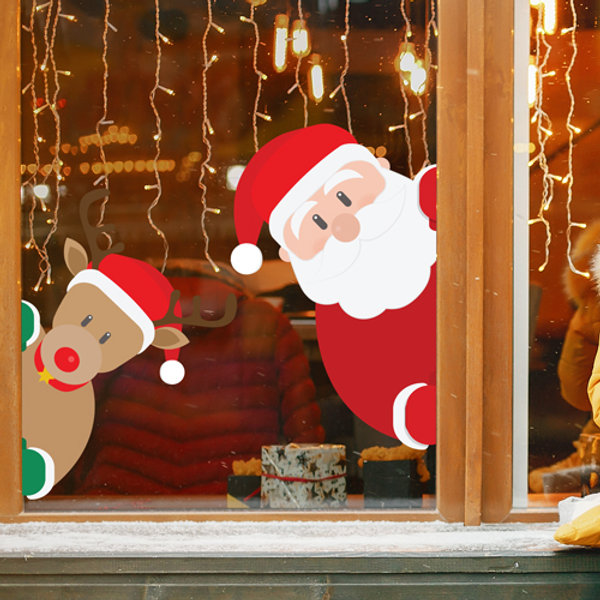 Santa and Reindeer Peeping Christmas Removable Window Stickers Graphics UK