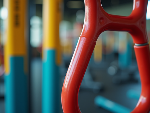 Close-up view of colourful gym equipment available for fitness activities.