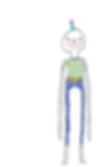 Birthday Friend: a tall, slender person with rosy cheeks and a turquoise party hat. Birthday friend wears a green top and blue jeans with a brown belt,; drawn roughly with pencils.