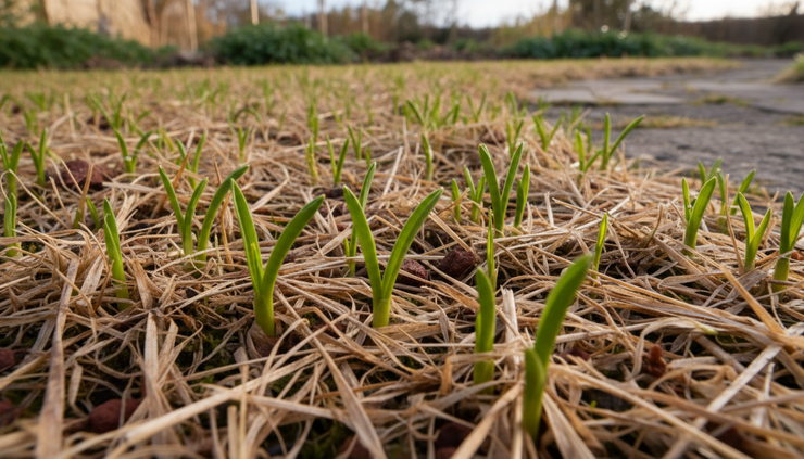 Low-angle view of fresh grass shoots growing through a previously dry patch of lawn.