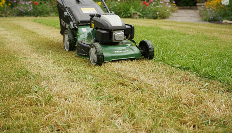 Close-up of a lawn mower cutting longer recovering grass at a higher setting.
