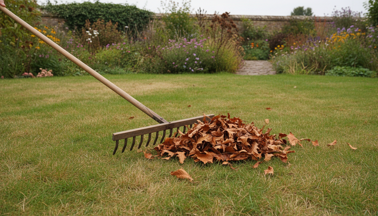 Eye-level view of fallen leaves being raked from a recovering lawn in an autumn garden.