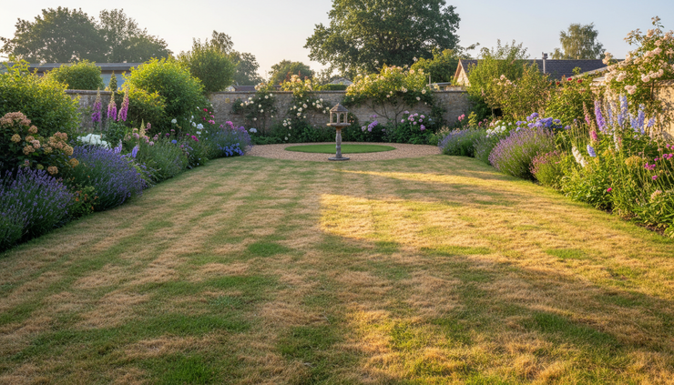 Wide-angle view of a recovering garden lawn with fresh green shoots after dry summer weather.