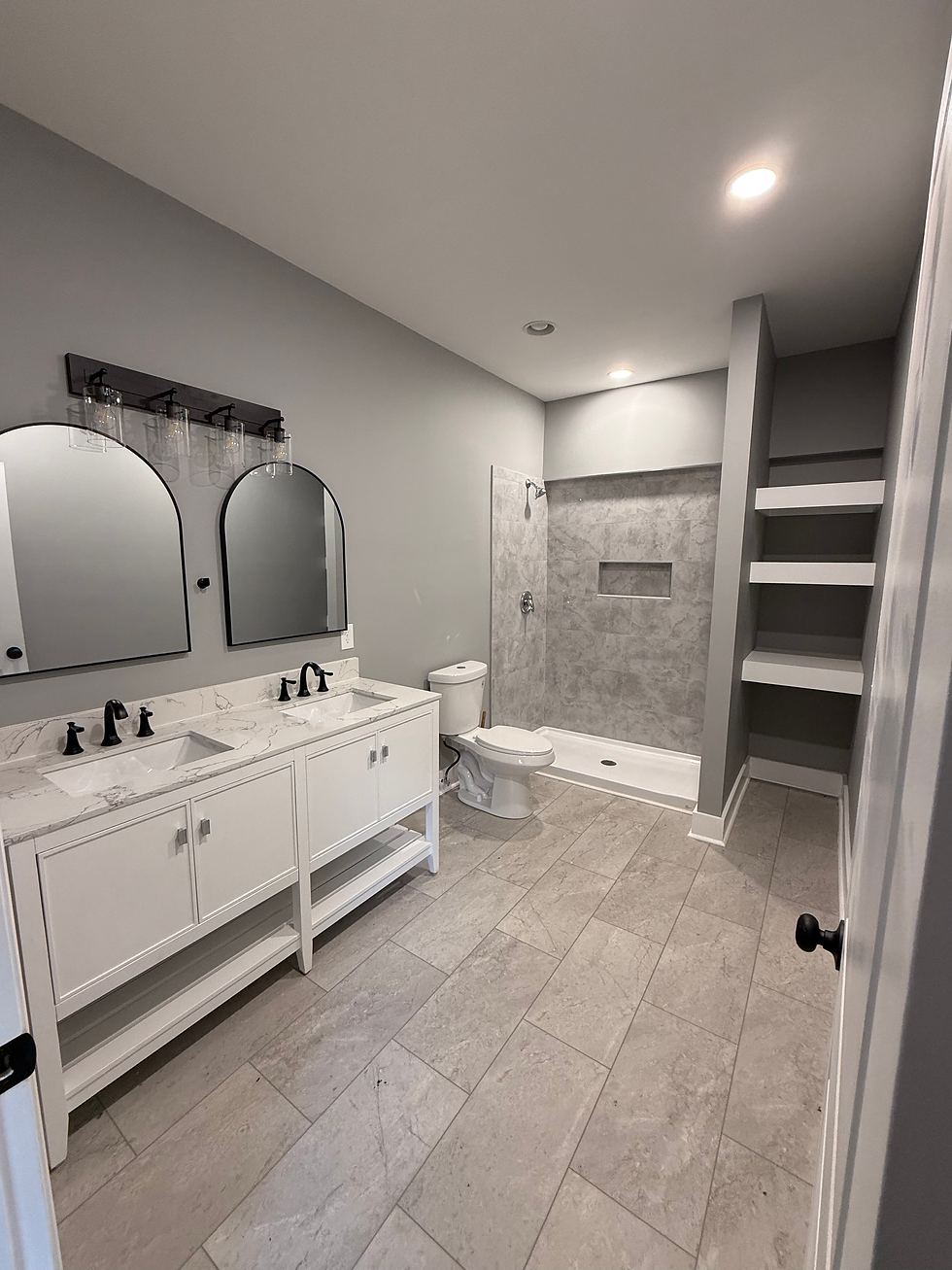 custom master bathroom with built in shelving