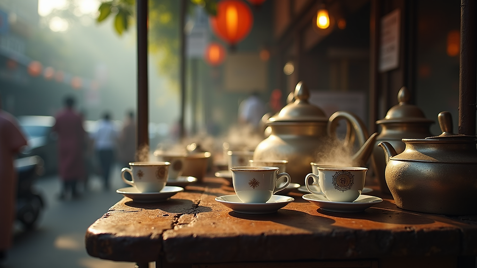 Eye-level view of a traditional tea stall in Kolkata with steaming cups of tea