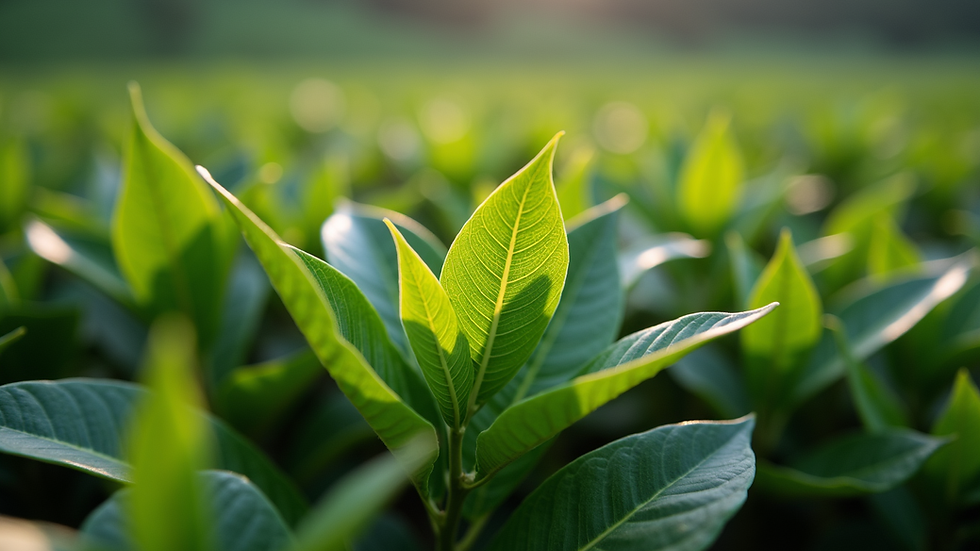 Close-up view of freshly plucked tea leaves on a tea bush in Darjeeling