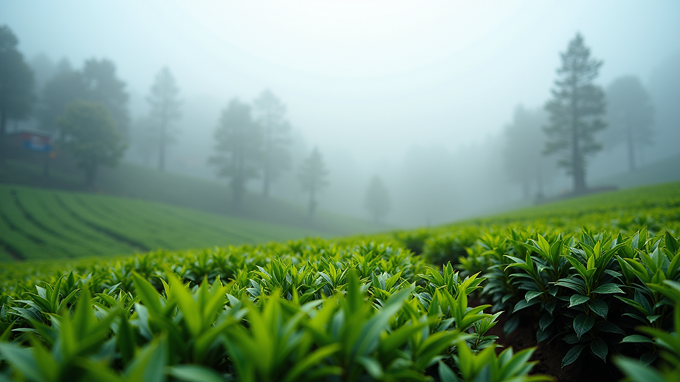 Eye-level view of tea bushes on a misty hill in Darjeeling