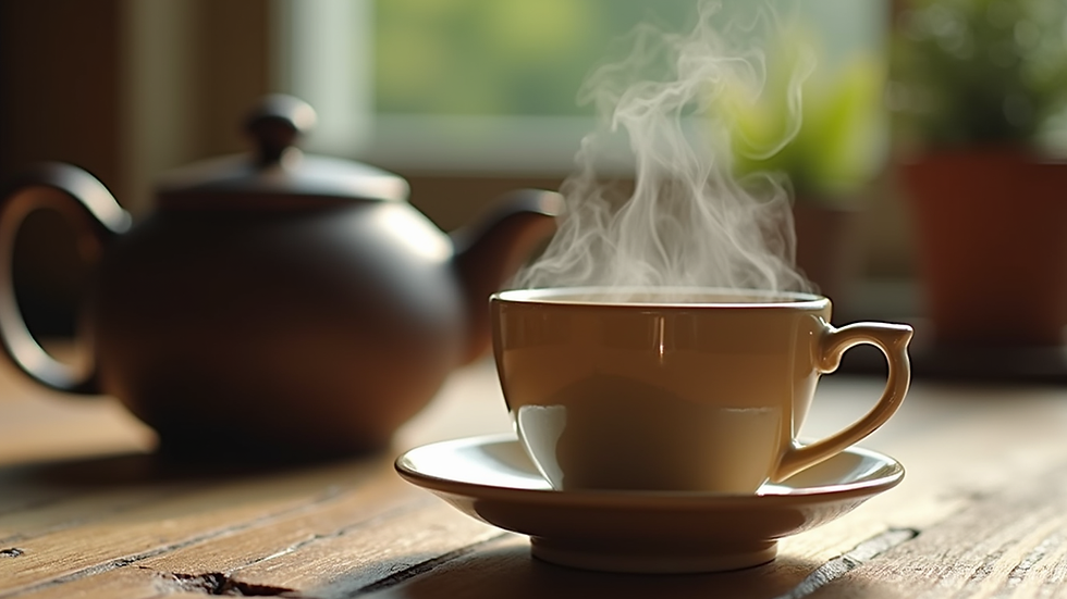 Close-up view of a steaming cup of Darjeeling tea with a teapot in the background