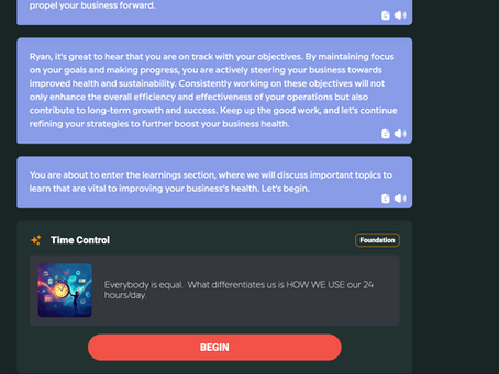 Coaching session interface with text discussing business objectives, strategies, and learning section. "Time Control" card with image and "BEGIN" button.