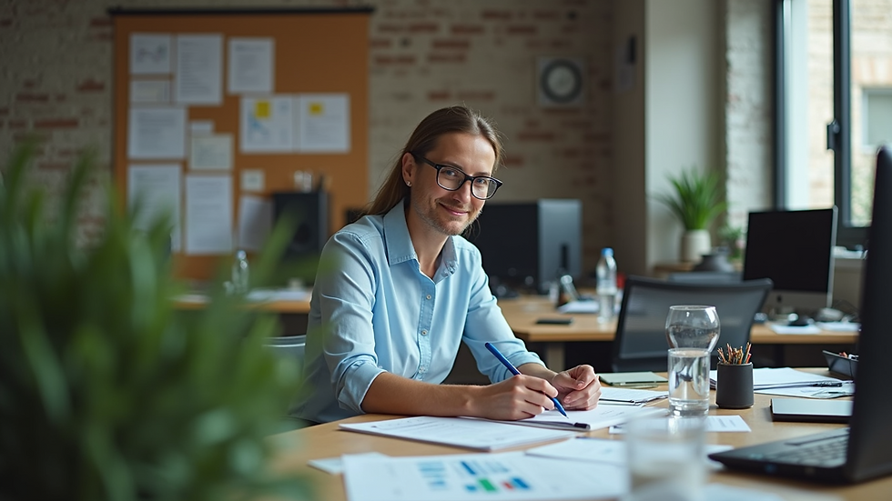 High angle view of a busy office with a small business owner planning budgets