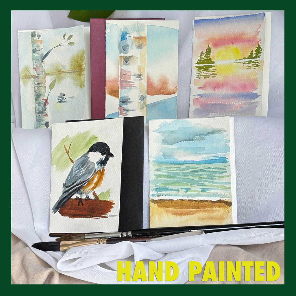 Hand-Painted Cards – Landscapes & Sparrow (Set of 5)