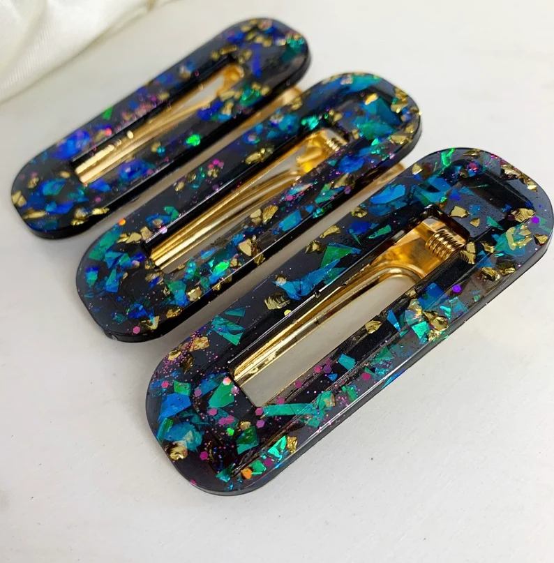 Thumbnail: 3 Pack Iridescent Black Hair Barrette Clips