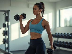 Sportliche Frau mit Hantel im Fitnessstudio