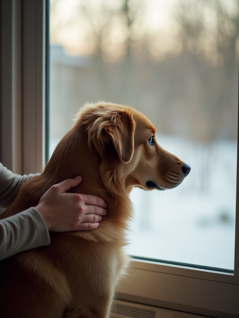 A dog looking calmly out a window, with a supportive hand gently resting on its back..png