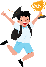 Happy Primary School boy with a trophy in hand as scored well in his English exams.