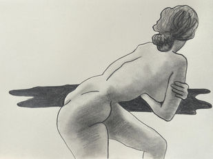 An expressive, graphite sketch of a nude woman looking a hole in the ground.