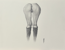 A graphite drawing of a nude woman bending over wearing only socks. 