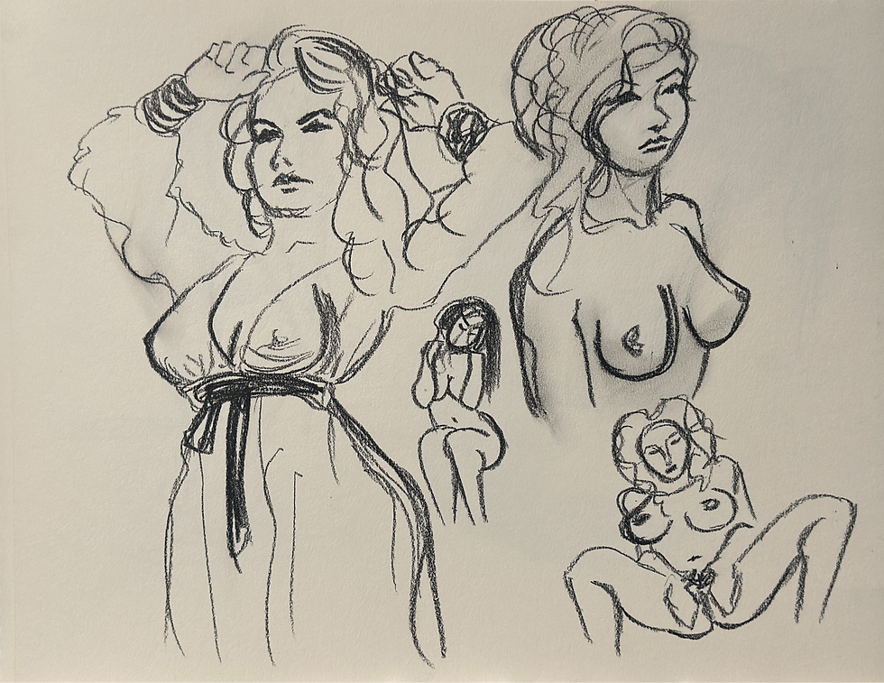 A black pastel sketch of several nude women