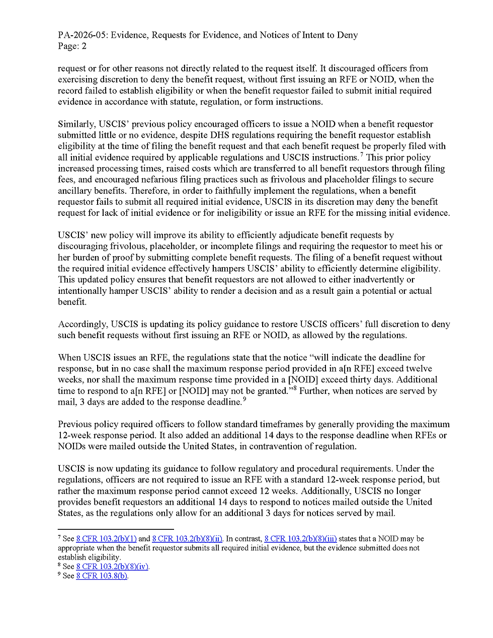 Segunda página de la nueva política de USCIS sobre evidencia, RFE y NOID