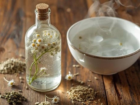 Eine Glasflasche naturtrüber Apfelessig mit Mutterkraut, daneben eine weiße Keramikschüssel mit warmem Wasser für ein Fußbad, auf einem Holztisch mit getrockneten Kräutern – natürliches Hausmittel gegen Fußpilz