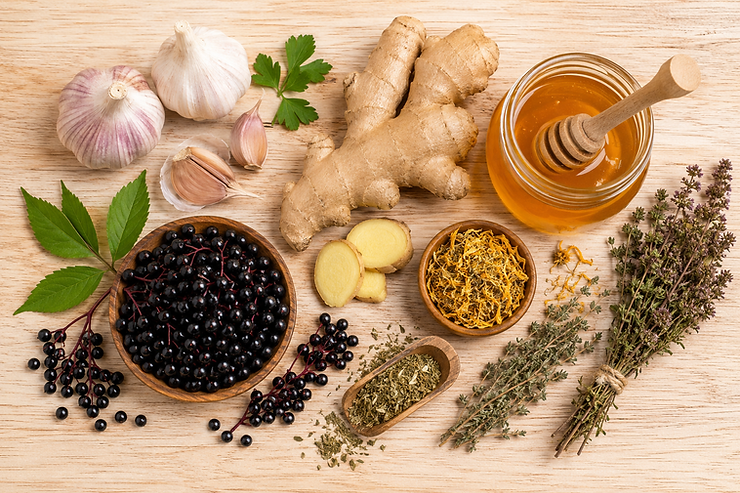 Flach von oben fotografiertes Arrangement aus frischem Knoblauch, Ingwerwurzel, Holunderbeeren, Honig im Glas und getrockneten Kräutern auf hellem Holzbrett – symbolisiert die natürliche Hausapotheke als Ergänzung zur Schulmedizin