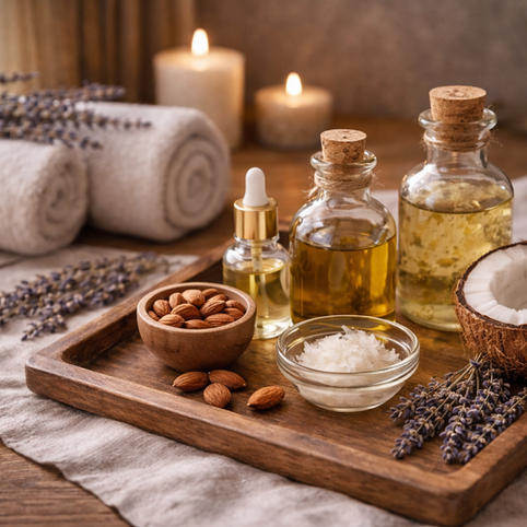 Natürliche Pflanzenöle und Wellness-Accessoires in ruhiger Atmosphäre