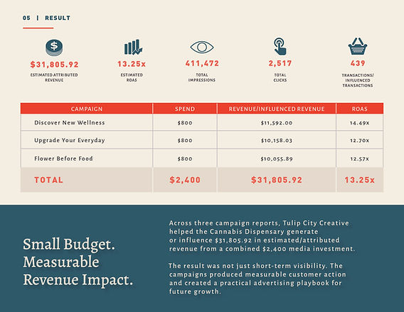 Cannabis dispensary advertising results showing revenue, ROAS, impressions, clicks, and transactions