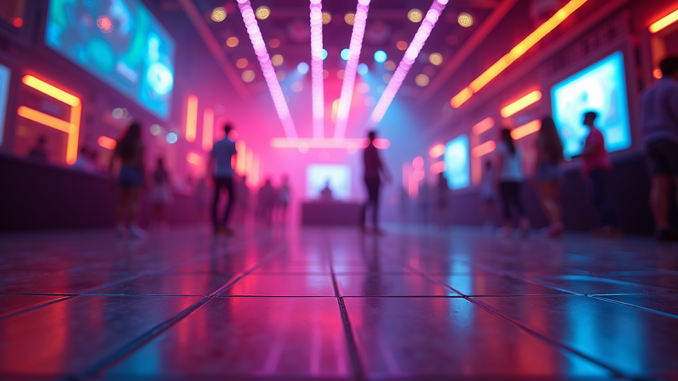Eye-level view of a vibrant dance floor decorated with neon lights